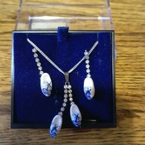 Dutch Shoes Earrings/Necklace Porcelain Blue Windmills Made in Holland Silver Pl